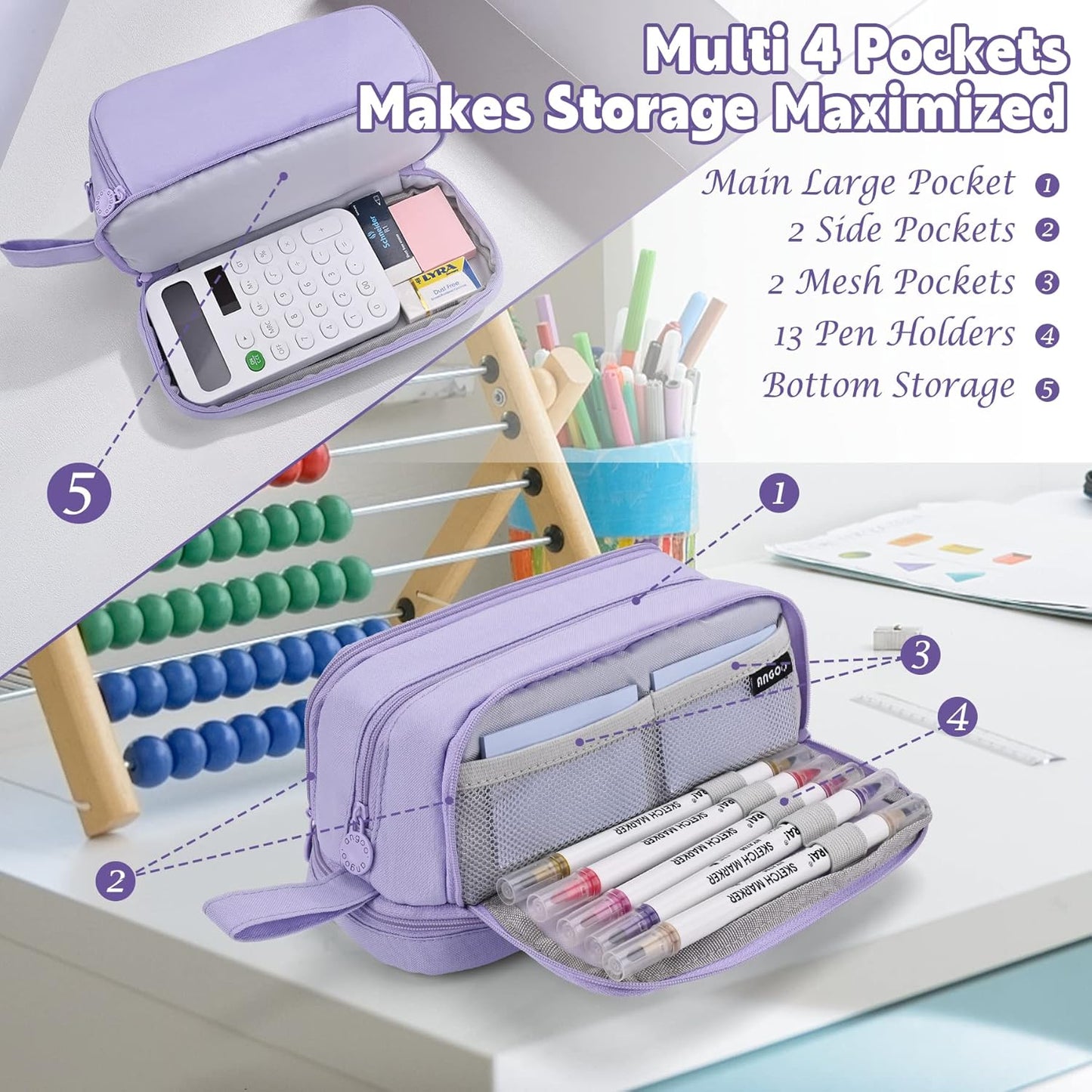 Pencil Case - Large Capacity Pencil Case - Suitable for Girls and Boys - With 4 Compartments - Multifunctional Pencil Case, Stationery Storage Bag, Office Cosmetic Bag - Portable Pencil Case - Suitable for Teens, Adults, Women and Men - Purple - Image 4
