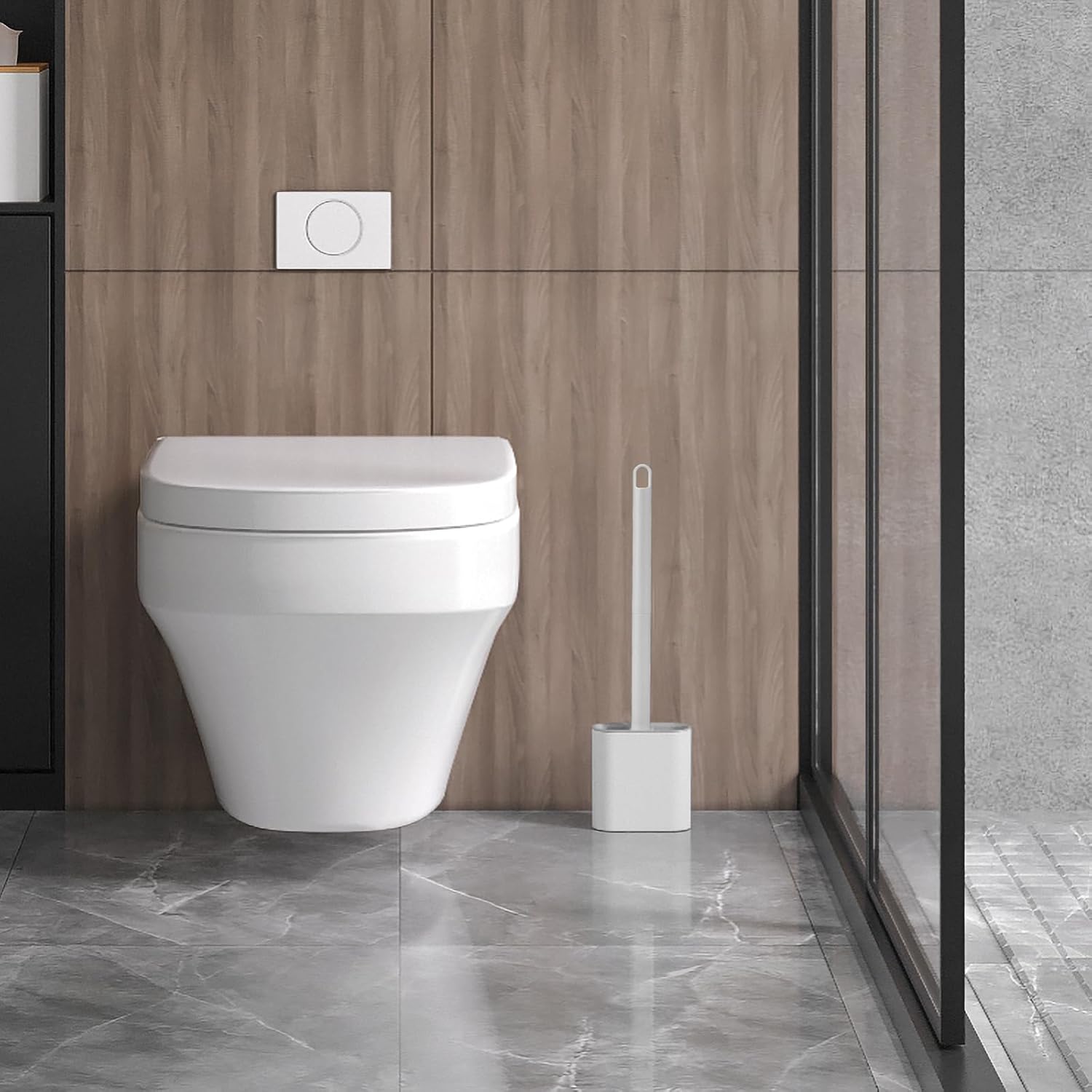 Toilet brush and holder - Deep cleaning silicone toilet brush - Flat toilet brush with long handle - Quick-drying toilet brush and holder - For bathroom - Floor/wall mounted - White - 11*8.5*13.8cm - Image 2