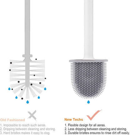 Toilet brush and holder - Deep cleaning silicone toilet brush - Flat toilet brush with long handle - Quick-drying toilet brush and holder - For bathroom - Floor/wall mounted - White - 11*8.5*13.8cm - Image 4