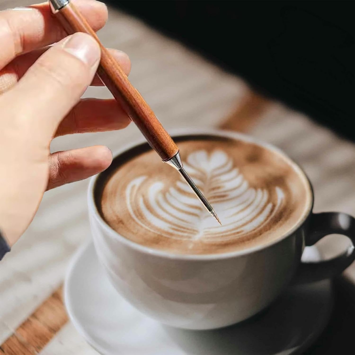 Coffee Latte Art Needle - 304 Stainless Steel Coffee Art Pen - Cappuccino Engraving Pen Double Head - Stainless Steel Espresso Tool - For Latte Decoration - With Wooden Handle - Image 2