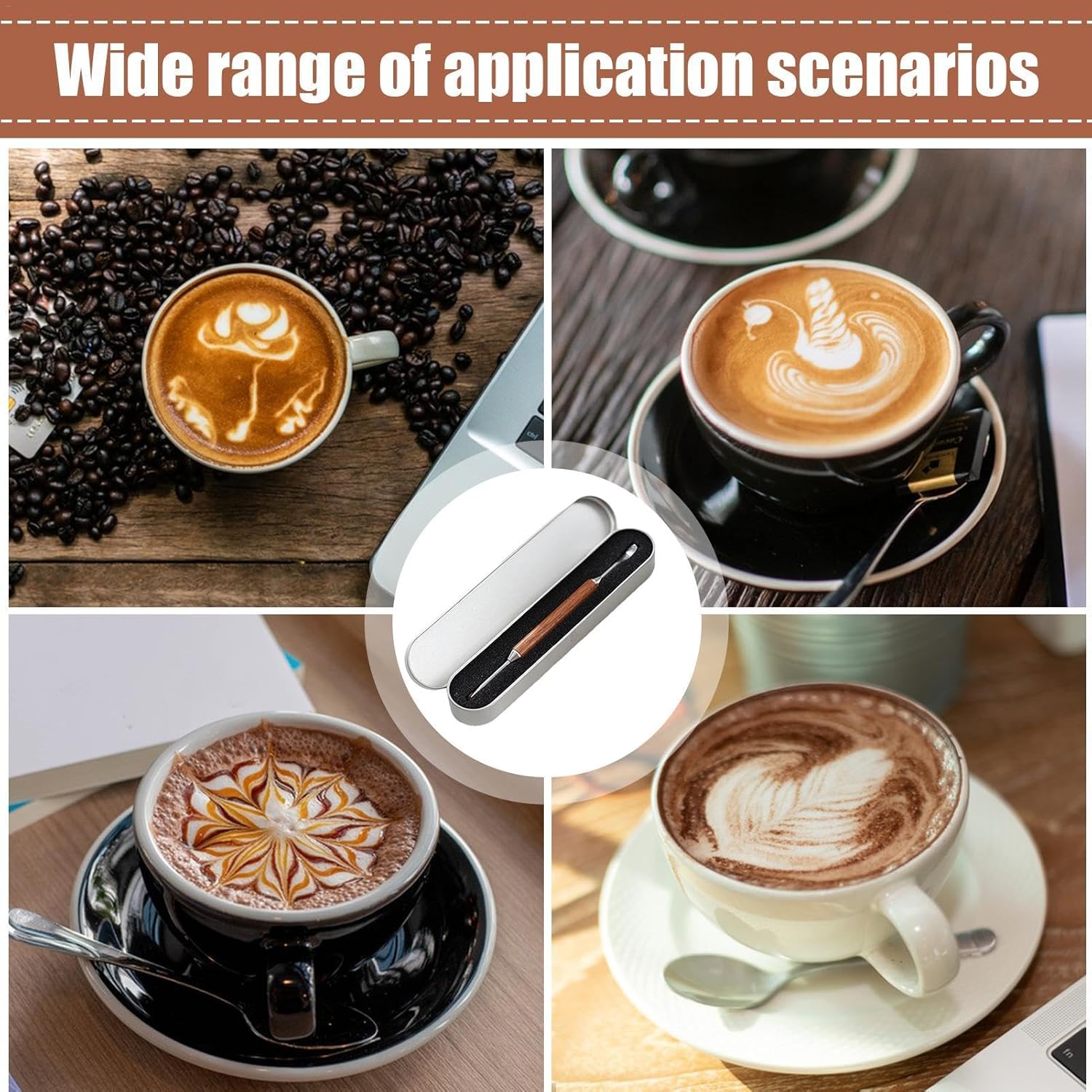 Coffee Latte Art Needle - 304 Stainless Steel Coffee Art Pen - Cappuccino Engraving Pen Double Head - Stainless Steel Espresso Tool - For Latte Decoration - With Wooden Handle - Image 3