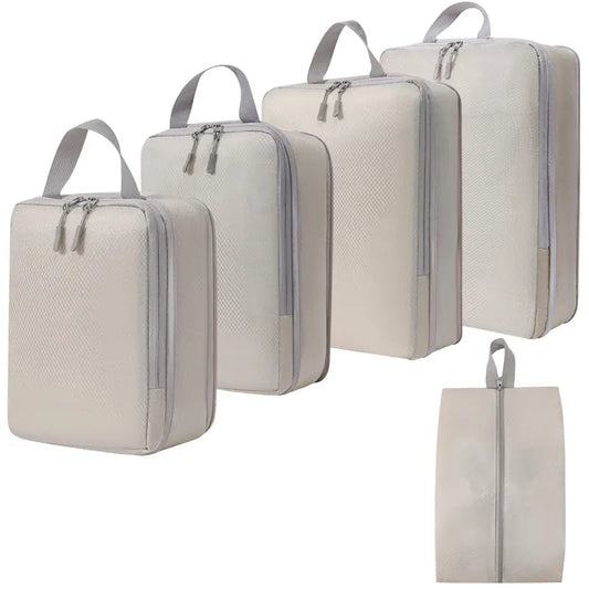 5 Piece Compression Packing Cube Set for Suitcases, Backpacks and Duffel Bags, Space Saving Travel Organisers, Beige