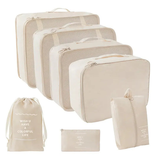 7 Piece Travel Packing Cube Set with Waterproof Luggage Organisers for Suitcases, Backpacks and Weekend Bags, Beige