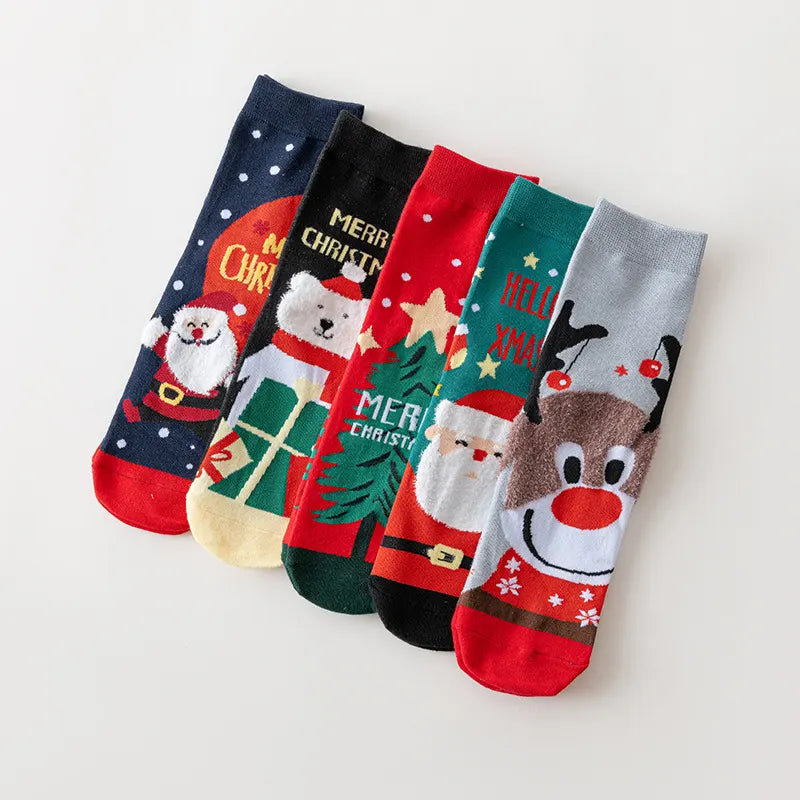 5 Pairs Women's Christmas Cotton Socks with Cartoon Holiday Prints, Soft Crew Socks for Winter, Gifts and Everyday Wear, Multicolour