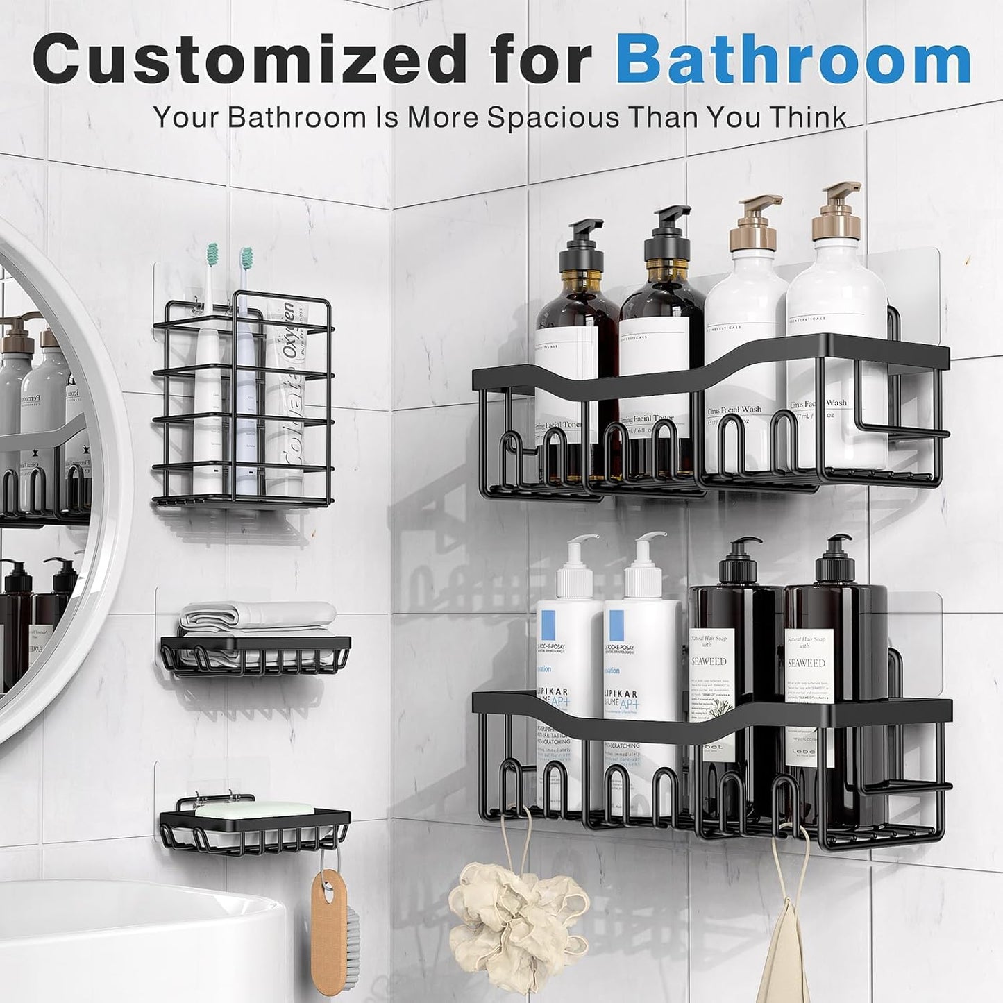 Self-Adhesive Shower Shelf - Rust-Resistant Stainless Steel Bathroom Organizer - No Drilling Required - Perfect for Bathroom Storage and Home Decor - XL - 5-Pack - Image 2