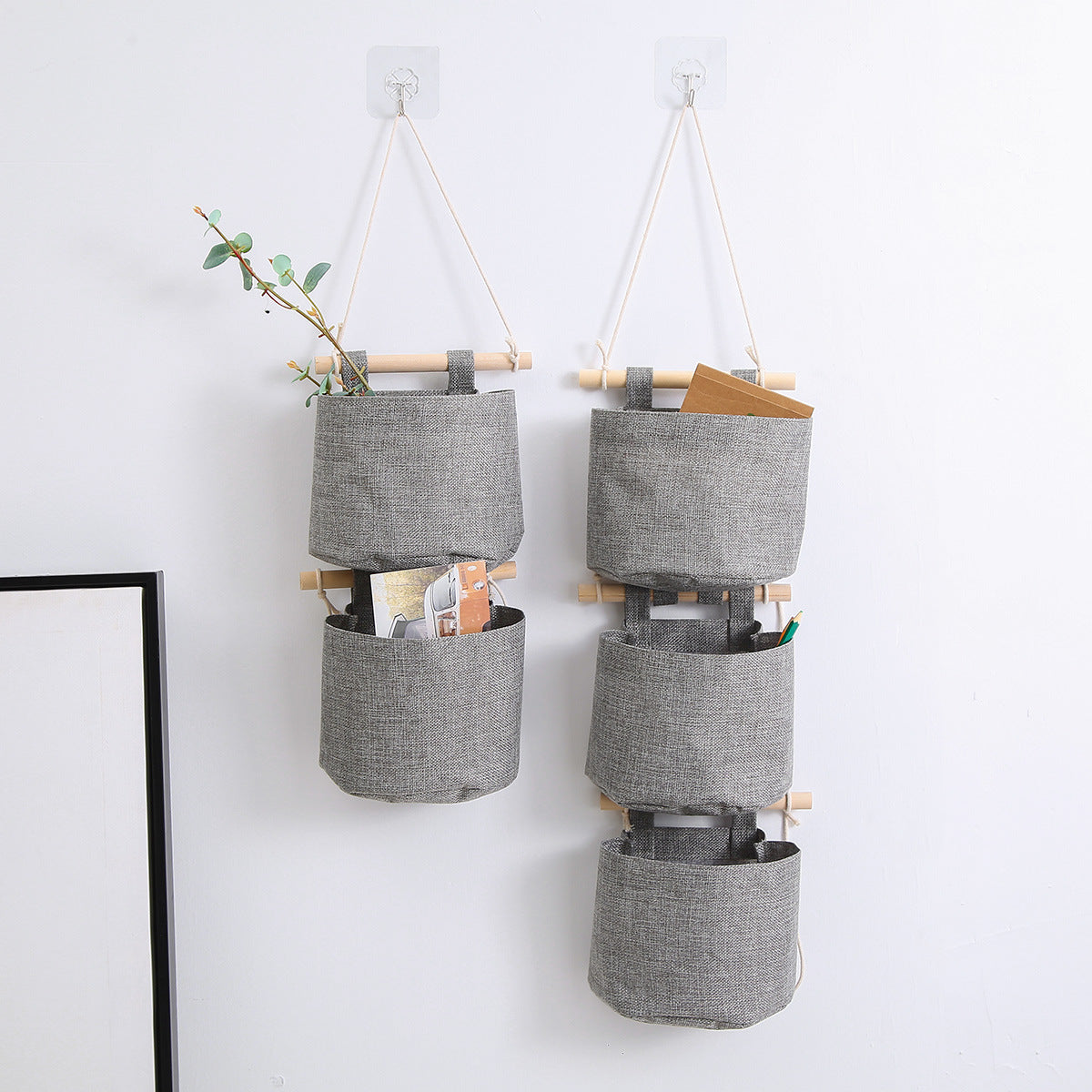 Hanging Storage Bag with Pockets - Hanging Storage Bag in Cotton and Linen - Over-the-Door Wall Organizer - Suitable for Bedroom and Bathroom - 3 Layers - Gray - Image 4