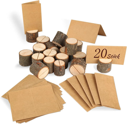 Wooden Place Cards (20) + Kraft Cards (20) - Wooden Card Holders - Wooden Place Cards - Rustic Wooden Photo Holders - Wedding Decorations - Image 2