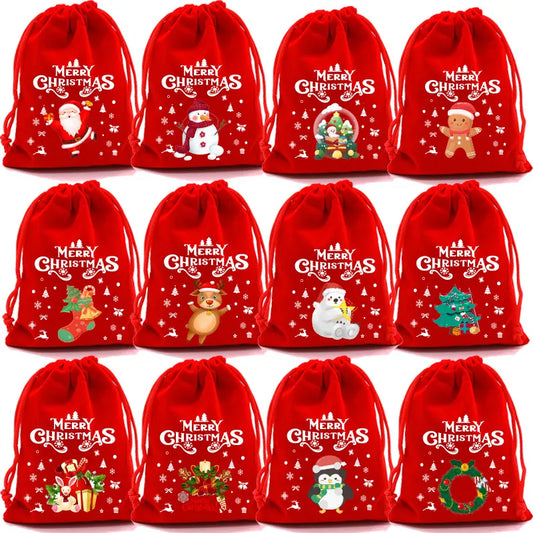 12 Pack Red Christmas Apple Gift Bags with Drawstring, Festive Treat and Candy Pouches for Holiday Parties, Favours and Tree Decor