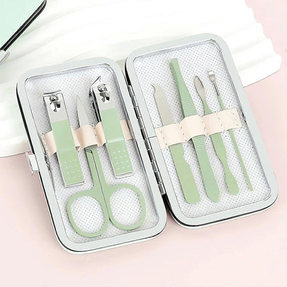 Manicure Set - Nail Clipper Set - Pedicure Care Tools - Travel Beauty Tools Made of Stainless Steel - 7 Pieces - Green