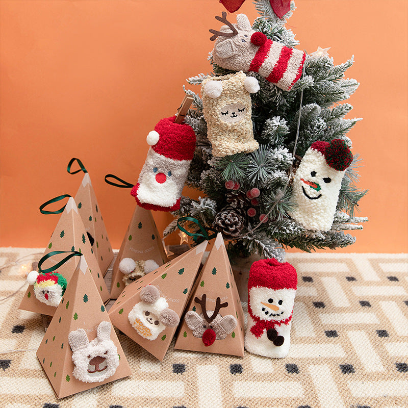 Christmas Socks - Mid-Tube Autumn and Winter Men and Women - Thickened Coral Fleece Socks - Christmas Gift Box Socks - Green Christmas Tree Style - One Pair - Image 2