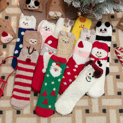 Christmas Socks - Mid-Tube Autumn and Winter Men and Women - Thickened Coral Fleece Socks - Christmas Gift Box Socks - Green Christmas Tree Style - One Pair - Image 3