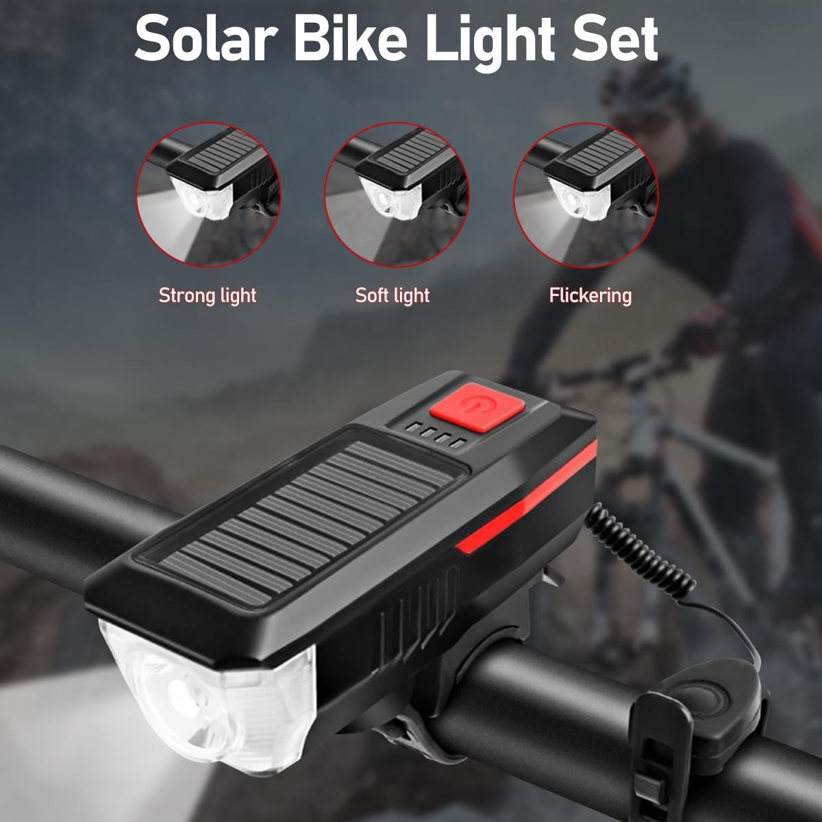 Bicycle Light - Rechargeable Solar Bike Light with 120dB Horn and 1500mAh Battery - USB and Solar Powered Rechargeable, 3 Lighting Modes and 4 Flashing Modes - Waterproof and Durable Bicycle Light for Front and Rear Light - Image 2