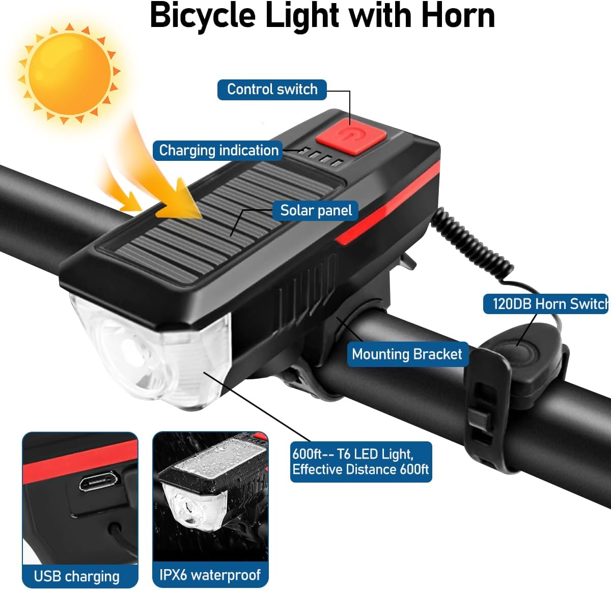 Bicycle Light - Rechargeable Solar Bike Light with 120dB Horn and 1500mAh Battery - USB and Solar Powered Rechargeable, 3 Lighting Modes and 4 Flashing Modes - Waterproof and Durable Bicycle Light for Front and Rear Light - Image 3
