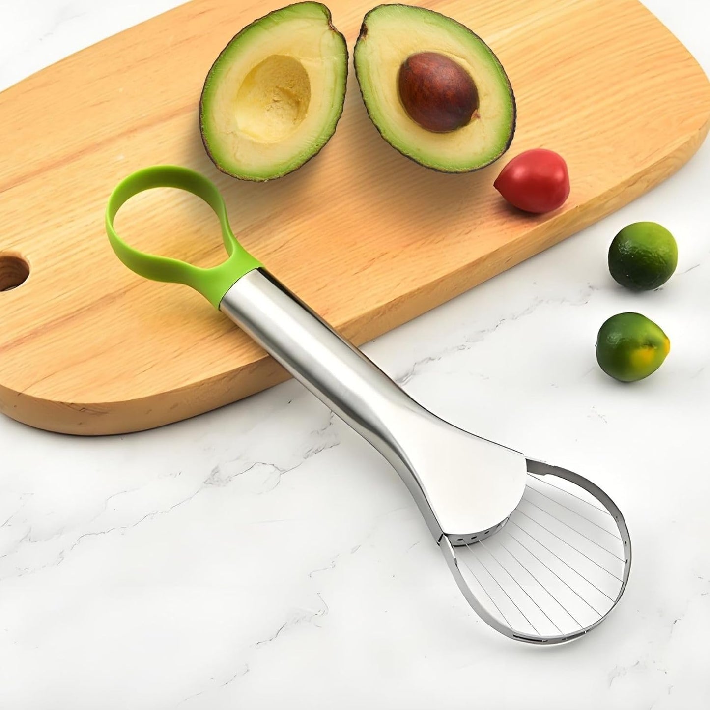 Avocado Slicer – 3-in-1 Avocado Cutting and Pitting Tool – Stainless Steel Pitter, Slicer and Spoon – Multifunctional Fruit Slicer with Green Handle – Kitchen Tool - Image 3