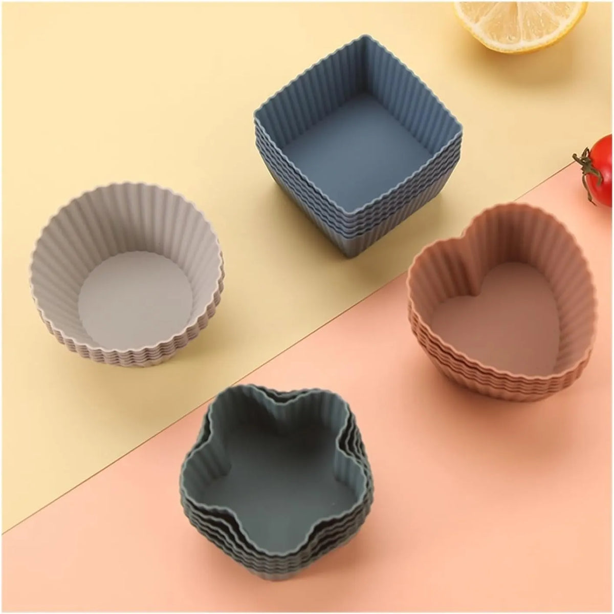 24 Pack Reusable Silicone Cupcake Moulds, Round Square and Heart Baking Cups for Muffins, Cakes and Desserts, Assorted Colours