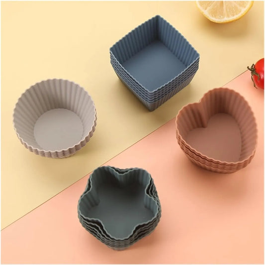 24 Pack Reusable Silicone Cupcake Moulds, Round Square and Heart Baking Cups for Muffins, Cakes and Desserts, Assorted Colours