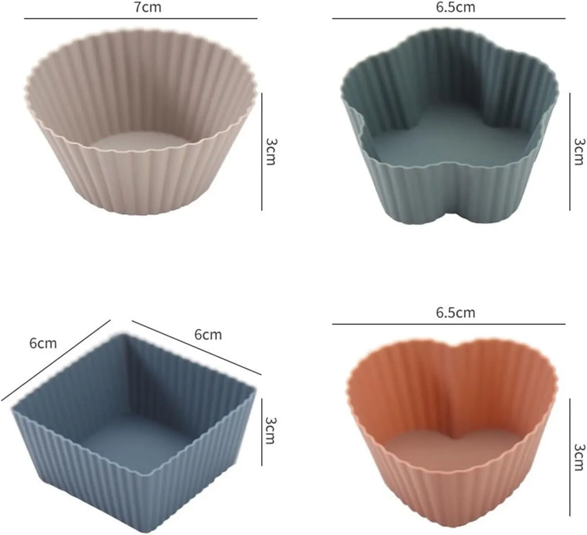 24 Pack Reusable Silicone Cupcake Moulds, Round Square and Heart Baking Cups for Muffins, Cakes and Desserts, Assorted Colours - Image 2