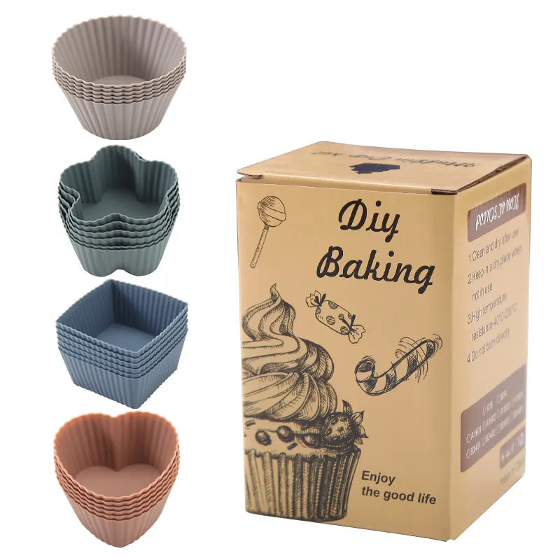 24 Pack Reusable Silicone Cupcake Moulds, Round Square and Heart Baking Cups for Muffins, Cakes and Desserts, Assorted Colours - Image 4