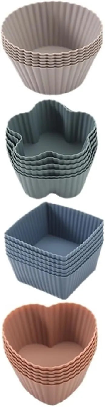24 Pack Reusable Silicone Cupcake Moulds, Round Square and Heart Baking Cups for Muffins, Cakes and Desserts, Assorted Colours - Image 5