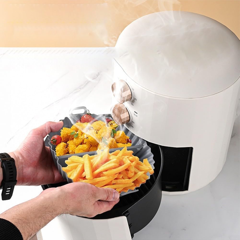 Airfryer baking tray – Airfryer accessories – Round Silicone Baking Tray with Division – Non-Stick Heat Resistant Baking Pan for Oven & Airfryer – Suitable for Cakes, Cookies & Muffins – 20×20×4.5 cm – Off White and Gray – 2 pieces - Image 3