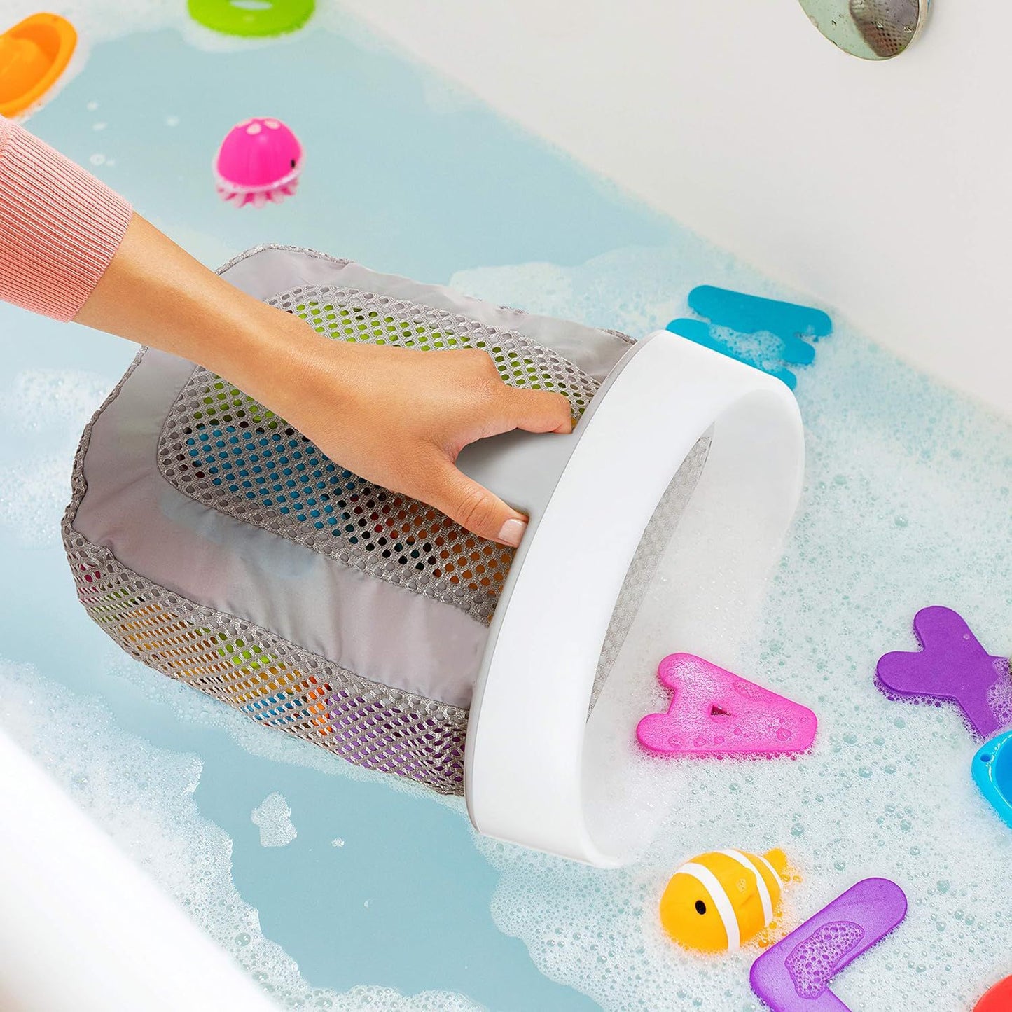 Toy Storage Bag Bathroom Rack Storage Bag for Bathroom with Quick Dry Net, Super Strong Suction Cup, Easy to Attach to Tiles and Bath Wall - Gray - Image 2
