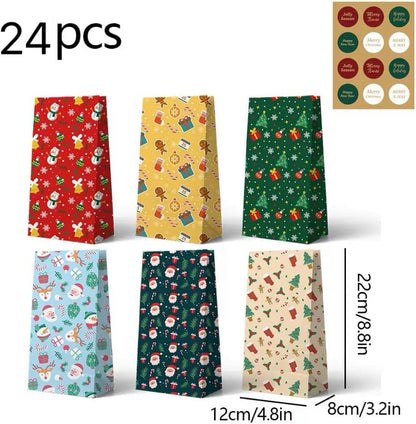 Paper Gift Bags – Christmas Gift Bags – 24 Count Christmas Gift Bags – Kraft Paper Christmas Bags with Festive Designs – Perfect for Small Presents, Sweets & Party Favors – With Stickers for Easy Sealing - Image 2