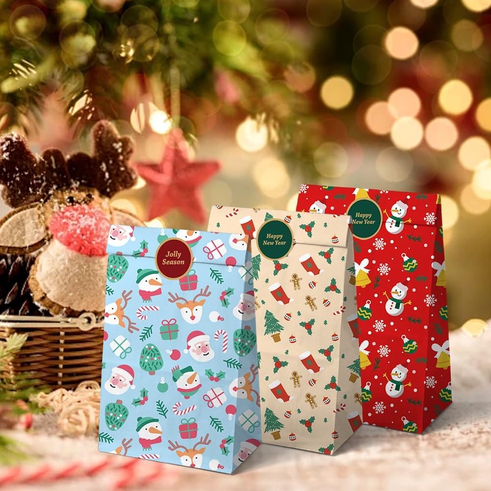 Paper Gift Bags – Christmas Gift Bags – 24 Count Christmas Gift Bags – Kraft Paper Christmas Bags with Festive Designs – Perfect for Small Presents, Sweets & Party Favors – With Stickers for Easy Sealing - Image 4