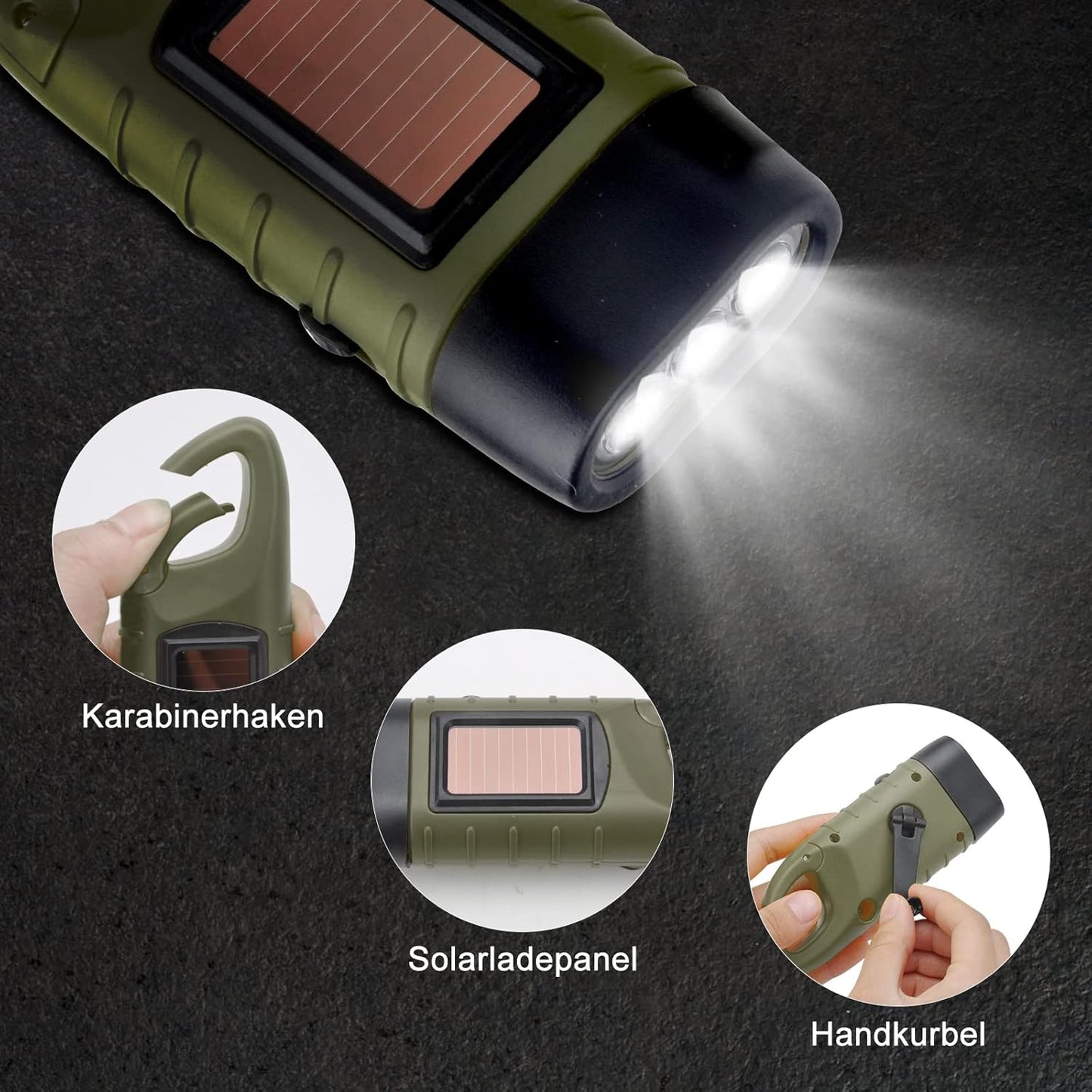 Emergency Flashlight - Military Clamp Rechargeable - Dynamo & Solar Powered - For Emergency Kits and Power Outages - Black - Image 2