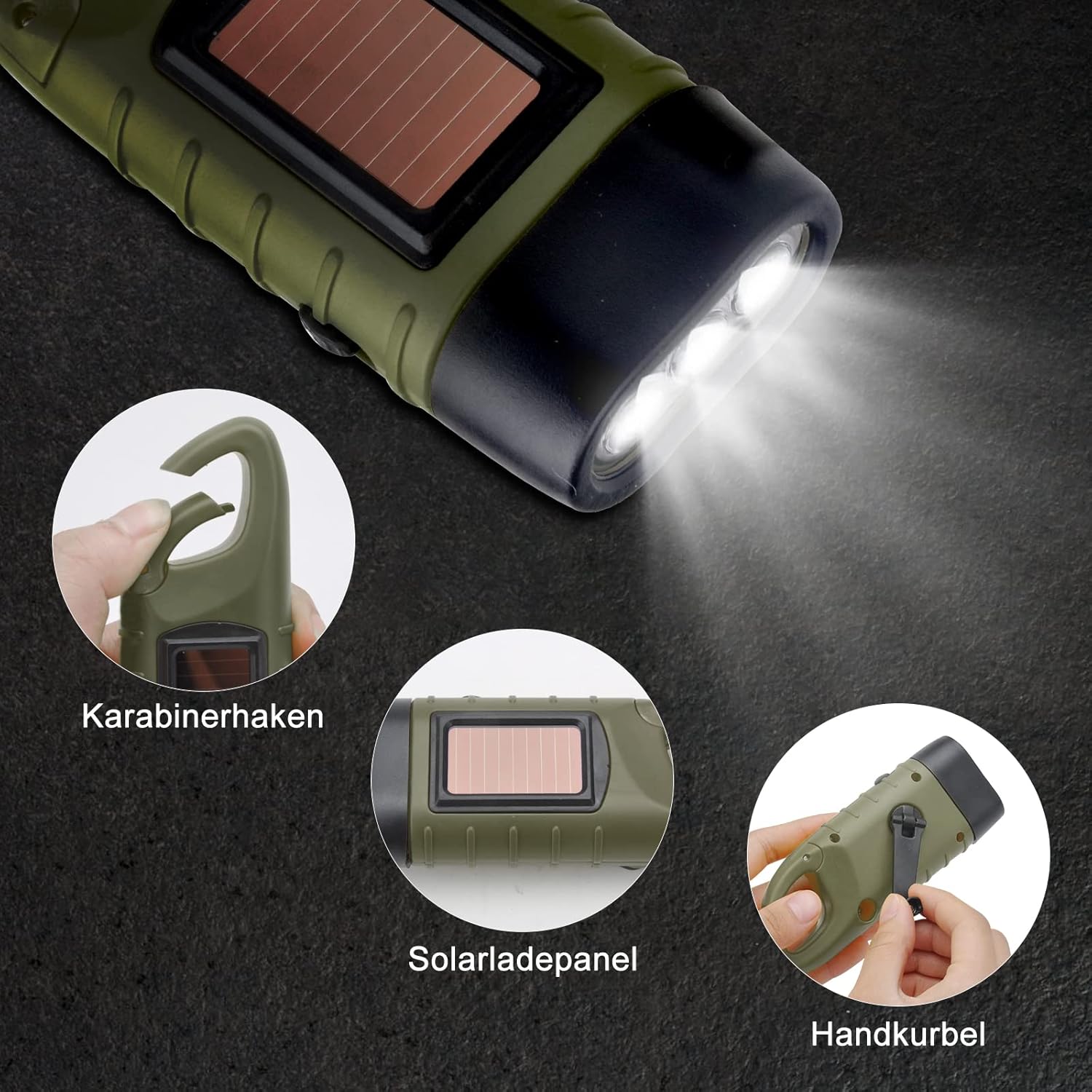 Emergency Flashlight - Military Clamp Rechargeable - Dynamo & Solar Powered - For Emergency Kits and Power Outages - Black - Image 2