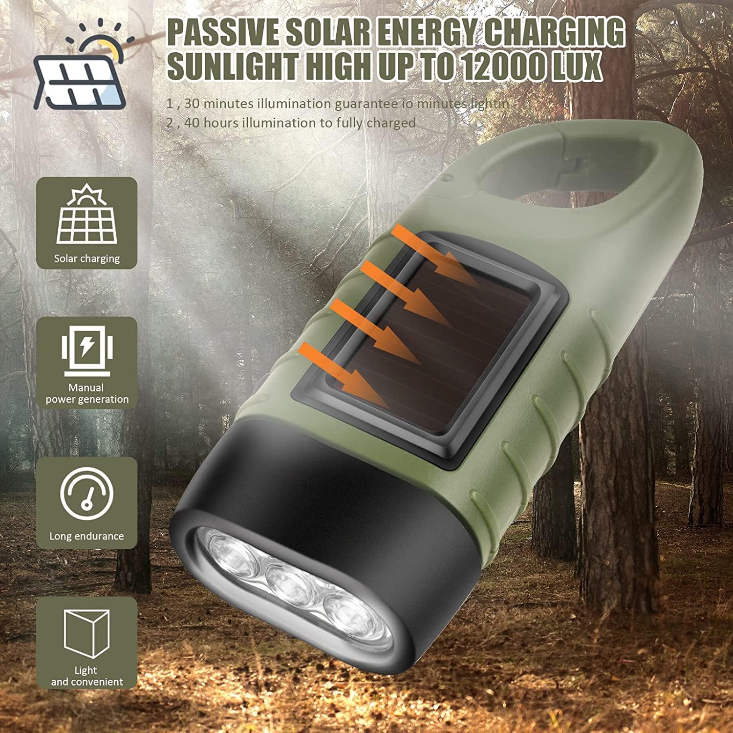 Emergency Flashlight - Military Clamp Rechargeable - Dynamo & Solar Powered - For Emergency Kits and Power Outages - Black - Image 3