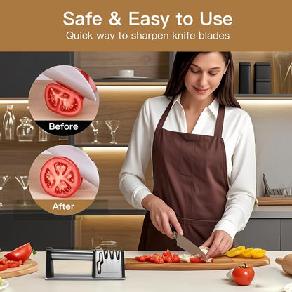 4-in-1 Knife Sharpener - With Scissor Sharpener - 3-Step Pull-Through Sharpener for Kitchen Knives - Anti-Slip & Ergonomic - Stainless Steel - Knife Sharpener - Image 2