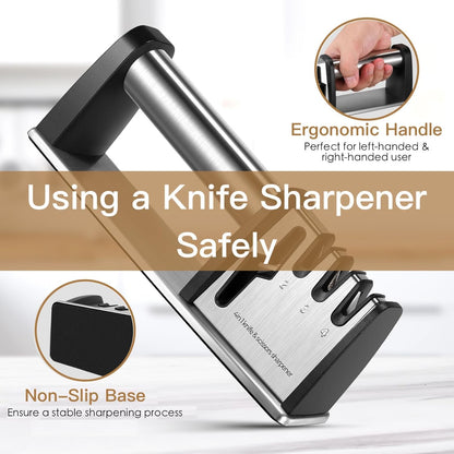 4-in-1 Knife Sharpener - With Scissor Sharpener - 3-Step Pull-Through Sharpener for Kitchen Knives - Anti-Slip & Ergonomic - Stainless Steel - Knife Sharpener - Image 4