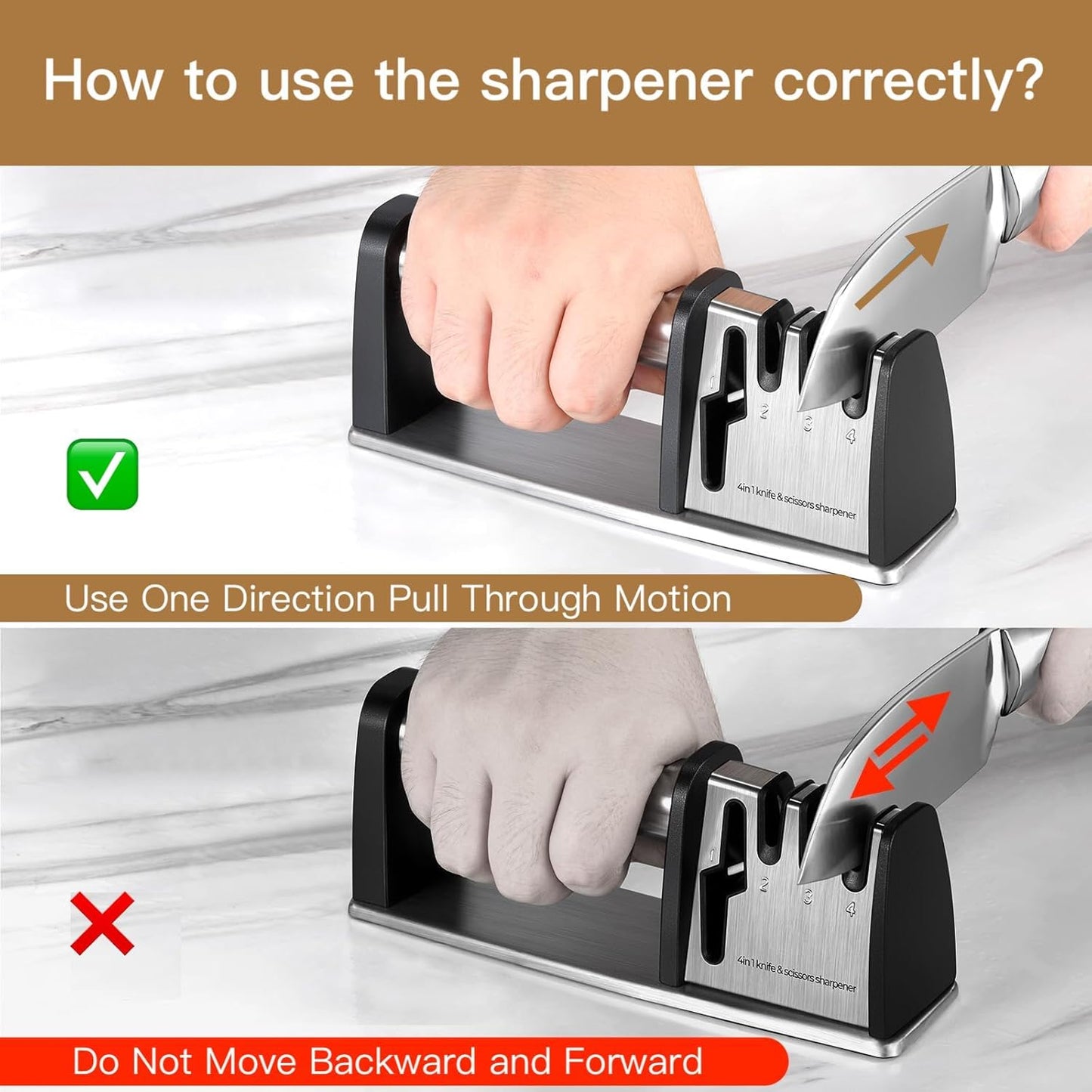 4-in-1 Knife Sharpener - With Scissor Sharpener - 3-Step Pull-Through Sharpener for Kitchen Knives - Anti-Slip & Ergonomic - Stainless Steel - Knife Sharpener - Image 5