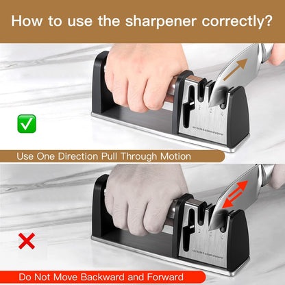 4-in-1 Knife Sharpener - With Scissor Sharpener - 3-Step Pull-Through Sharpener for Kitchen Knives - Anti-Slip & Ergonomic - Stainless Steel - Knife Sharpener - Image 5