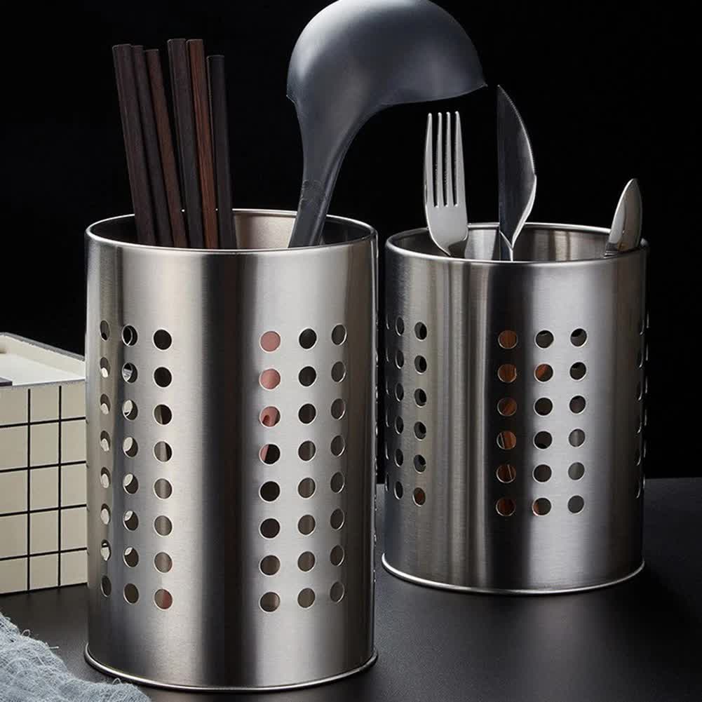 Large stainless steel cutlery holder - cutlery container cylinder - 12 x 15 cm - kitchen organizer - silver - Image 2
