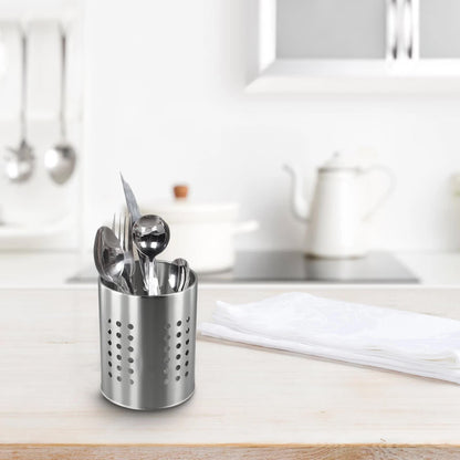 Large stainless steel cutlery holder - cutlery container cylinder - 12 x 15 cm - kitchen organizer - silver - Image 4