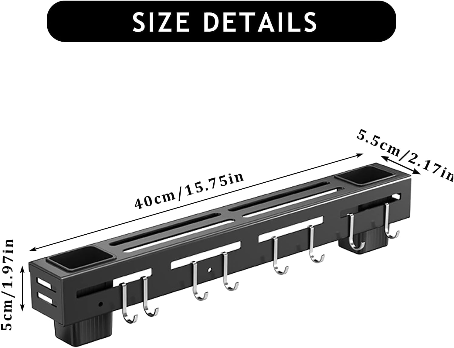 Stainless Steel Kitchen Rack No Drilling - Kitchen Rail with 6 Hooks - Self-Adhesive Hanging System - Kitchen Utensil Holder - Black - Image 2