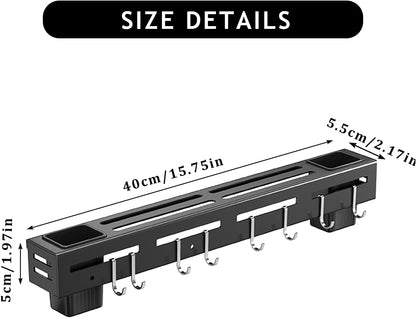Stainless Steel Kitchen Rack No Drilling - Kitchen Rail with 6 Hooks - Self-Adhesive Hanging System - Kitchen Utensil Holder - Black - Image 2