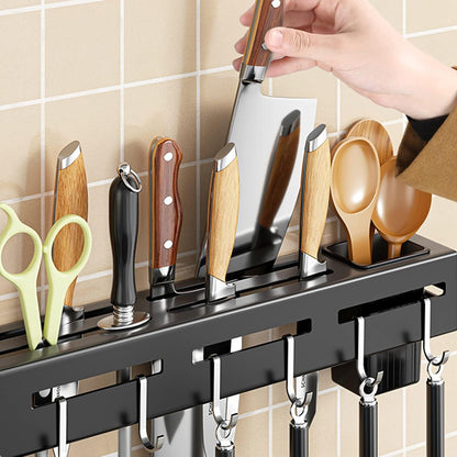 Stainless Steel Kitchen Rack No Drilling - Kitchen Rail with 6 Hooks - Self-Adhesive Hanging System - Kitchen Utensil Holder - Black - Image 4