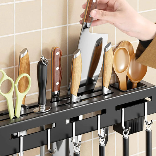 Self-Adhesive Kitchen Rail with 6 Hooks, No-Drill Wall Mount Utensil and Towel Hanging Rack for Kitchen Storage, Black - Image 4