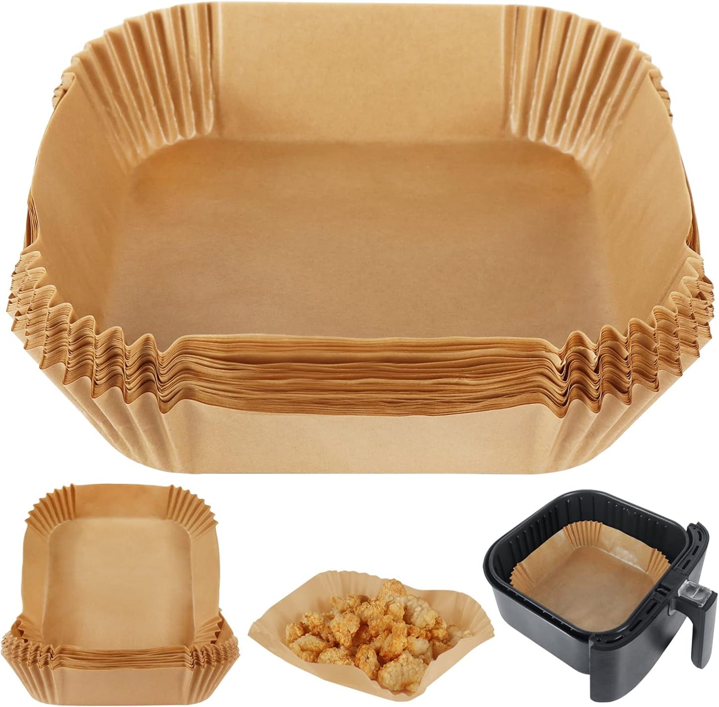 Disposable Airfryer Paper Square - Set of 50 - Brown - Greaseproof Baking Paper for Airfryer - Square Shape
