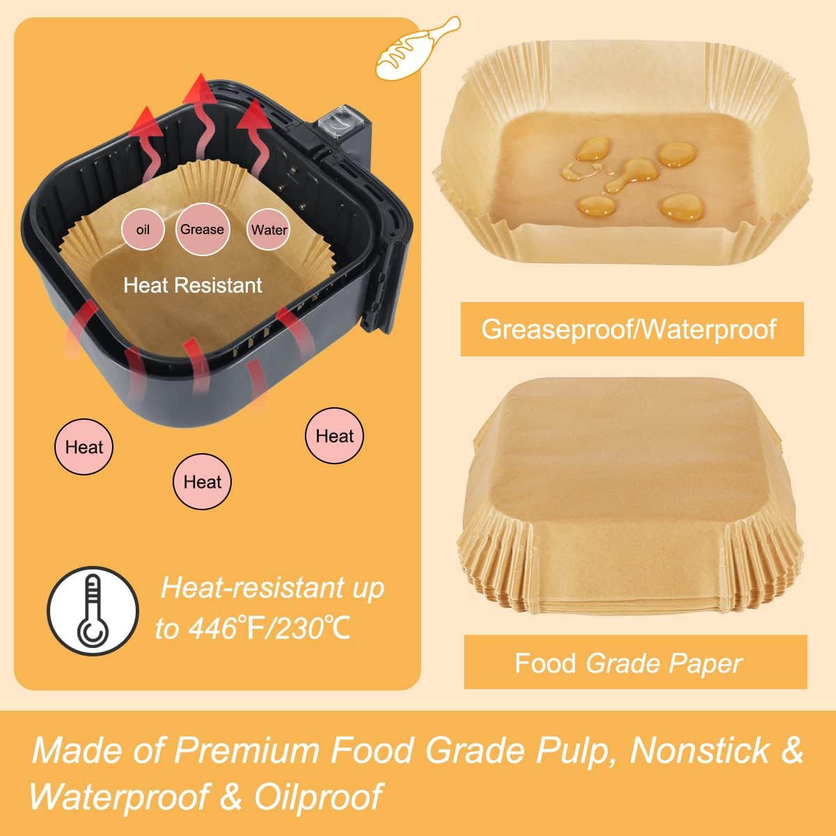 Disposable Airfryer Paper Square - Set of 50 - Brown - Greaseproof Baking Paper for Airfryer - Square Shape - Image 3