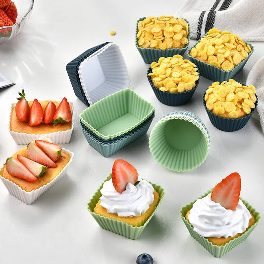 12 Pack Reusable Silicone Muffin Moulds, Round Square and Rectangle Baking Cups for Cupcakes and Desserts, Blue - Image 2