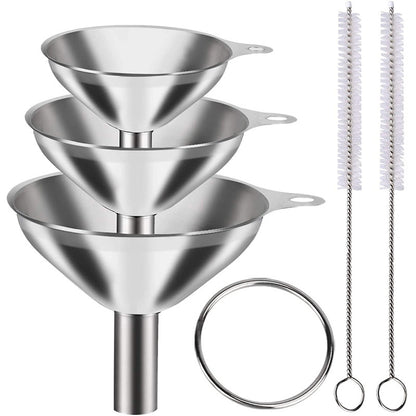 Stainless Steel Funnel Set of 3 - Includes 2 Cleaning Brushes - Kitchen Funnels with Handle - For Liquids, Oil & Spices
