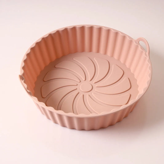 Round Silicone Air Fryer Liner with Handles, Reusable Heat Resistant Non-Stick Cooking Basket for Oven and Air Fryer, Pink