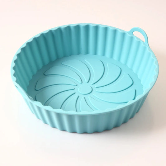 Round Silicone Air Fryer Liner with Handles, Reusable Heat Resistant Non-Stick Cooking Basket for Oven and Air Fryer, Blue