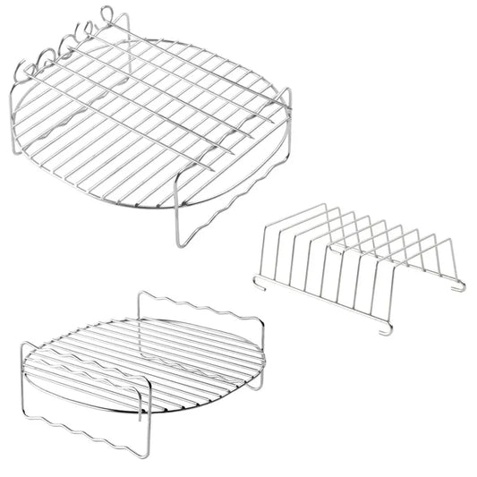 3 Piece Stainless Steel Air Fryer Accessory Set with Grill Rack, Skewers and Toast Rack for Compatible Air Fryer Baskets, Silver