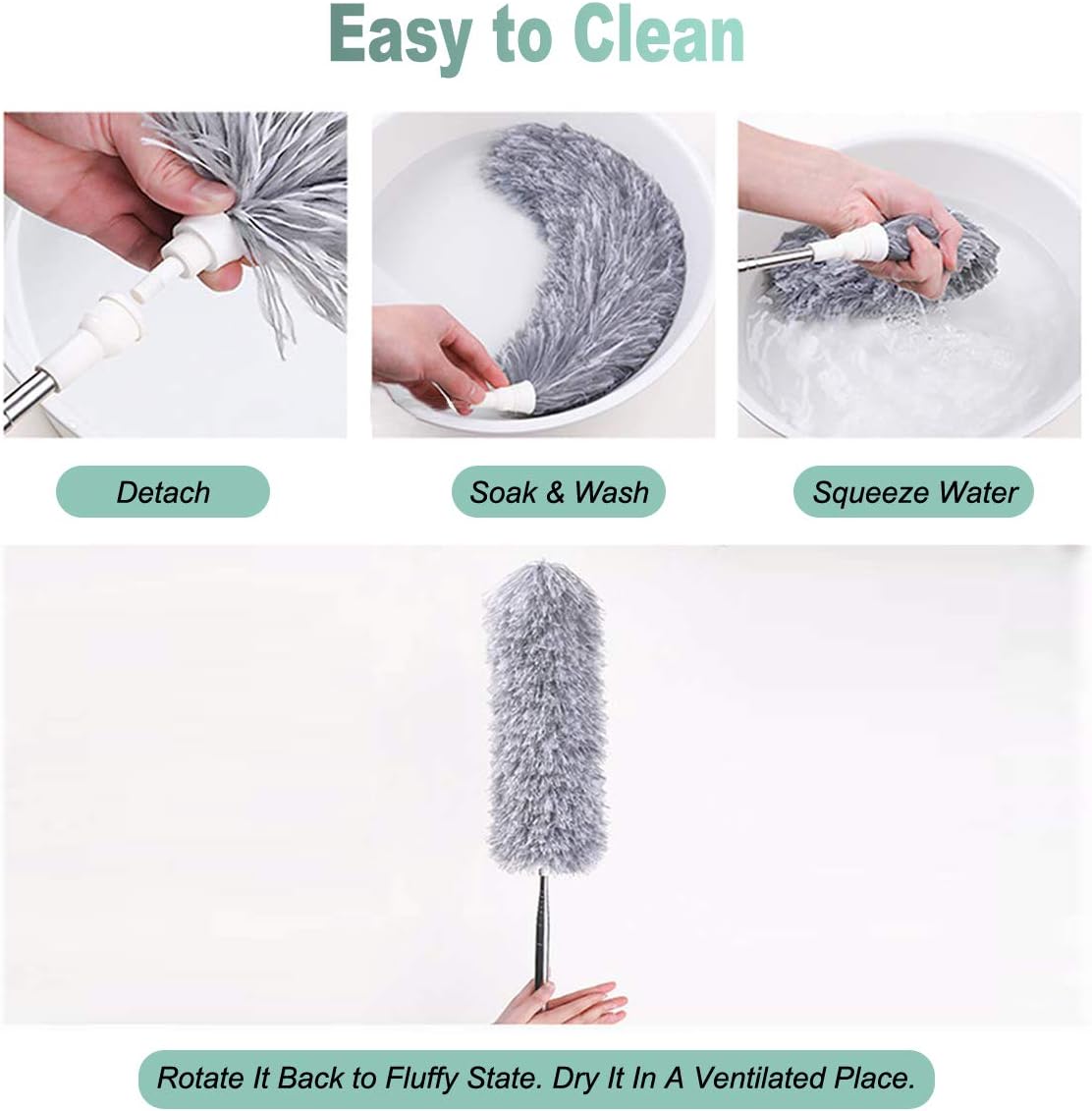 Telescopic Feather Duster - Extendable up to 280 cm - Feather Ball & Dusting Brush - Microfiber - Reach High Ceilings Without a Ladder - Image 3