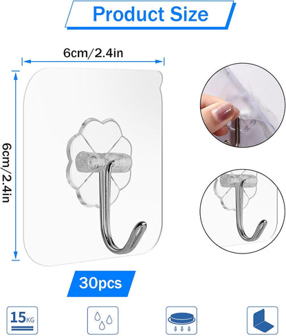 Self-Adhesive Hooks Transparent - Set of 30 - Wall Hooks No Drilling - For Bathroom & Kitchen - Image 2