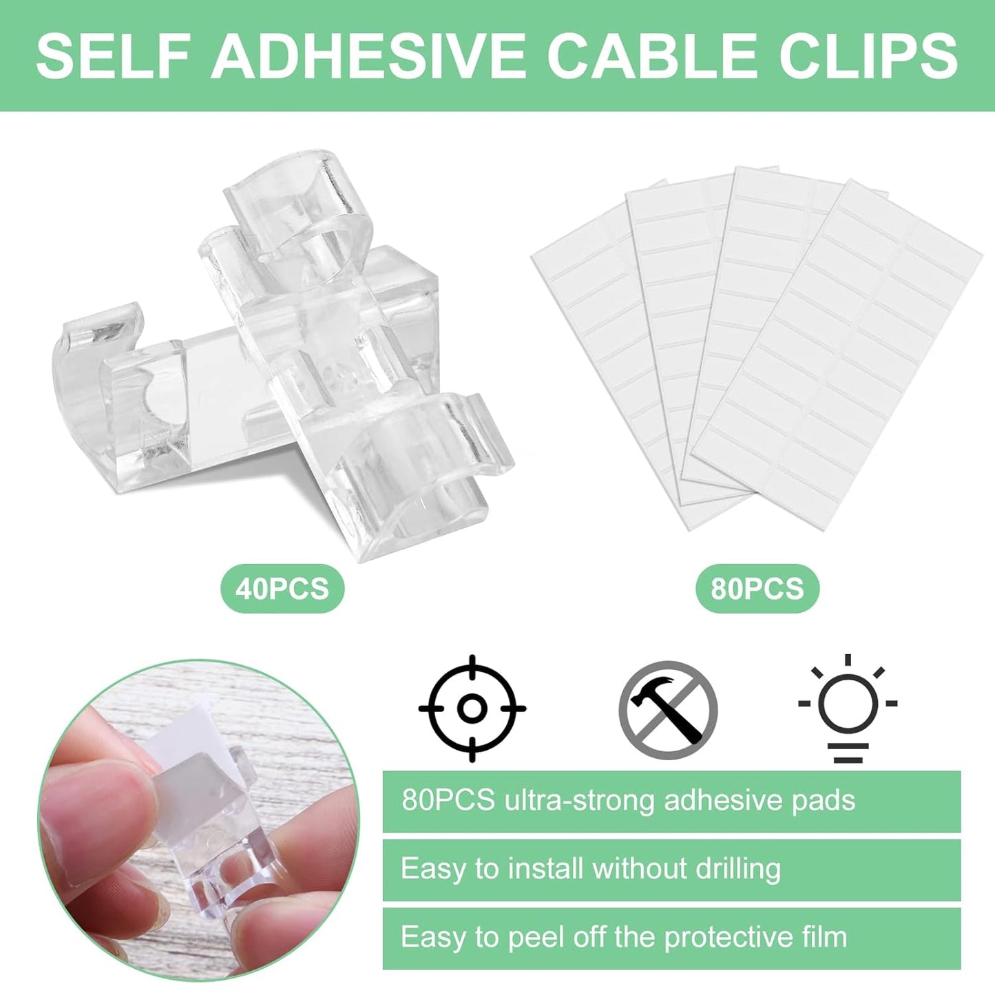 Transparent Cable Clips - Set of 40 - Self-Adhesive Cable Holders - For Cables up to 7 mm - Cable Management - Image 2